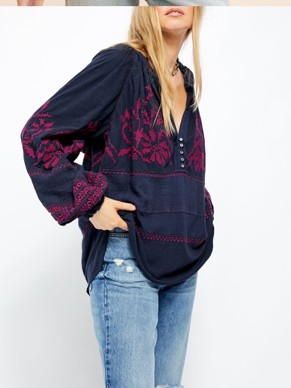 Free People Navy Persuasion Top with Fuchsia Embroidery
